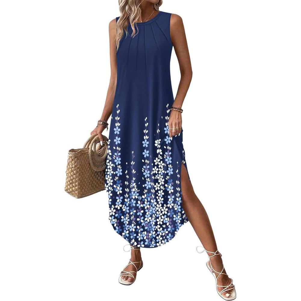 imageZeagoo Women Floral Summer Casual Beach Printed Tank Dress with Pockets Pleated Front Long Dress2602 Navy Printed
