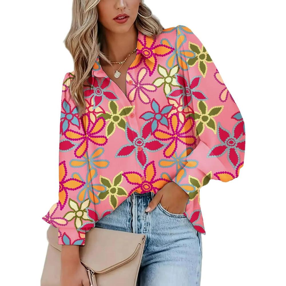 imageZeagoo Womens Button Down Shirts Lantern Long Sleeve Blouse Business Casual Work Tops Floral Printed OutfitsB Pink Floral