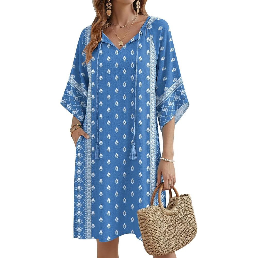 imageZeagoo Womens Casual Summer Dress Boho Beach Dresses Tassel Tie Neck 2026 Floral Cover Up Spring 34 Sleeve Mini SundressBlue and White