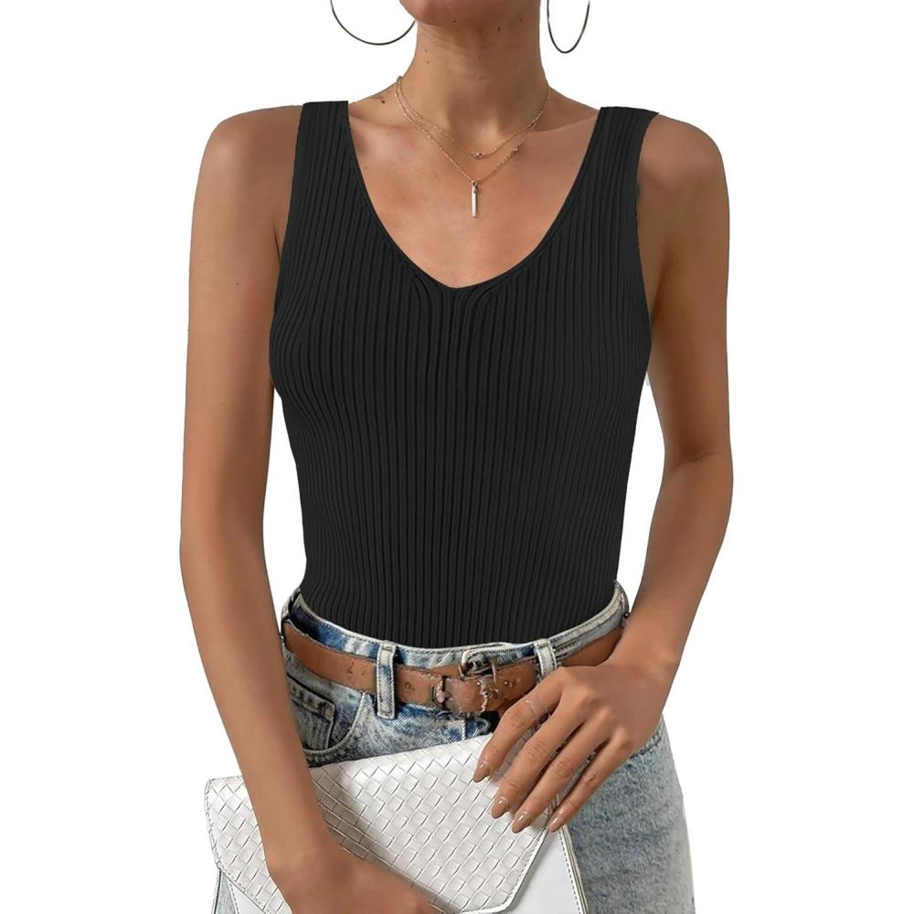 imageZeagoo Womens Ribbed Tank Tops 2026 V Neck Slim Fit Knit Sleeveless Shirts Casual Basic TeeBlack