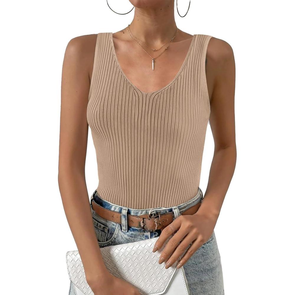 imageZeagoo Womens Ribbed Tank Tops 2026 V Neck Slim Fit Knit Sleeveless Shirts Casual Basic TeeKhaki
