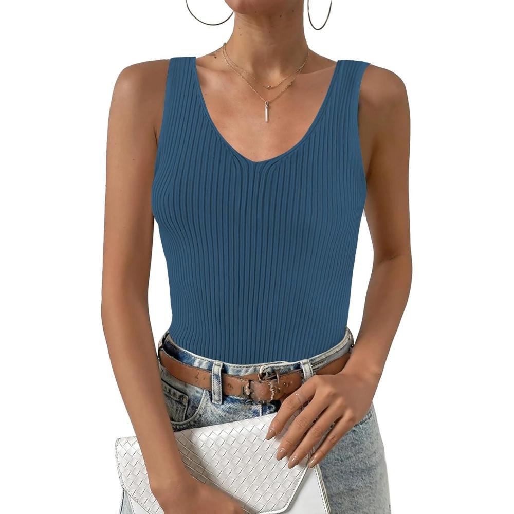 imageZeagoo Womens Ribbed Tank Tops 2026 V Neck Slim Fit Knit Sleeveless Shirts Casual Basic TeeNavy Blue