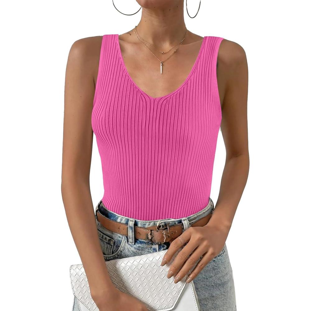 imageZeagoo Womens Ribbed Tank Tops 2026 V Neck Slim Fit Knit Sleeveless Shirts Casual Basic TeePeach Pink