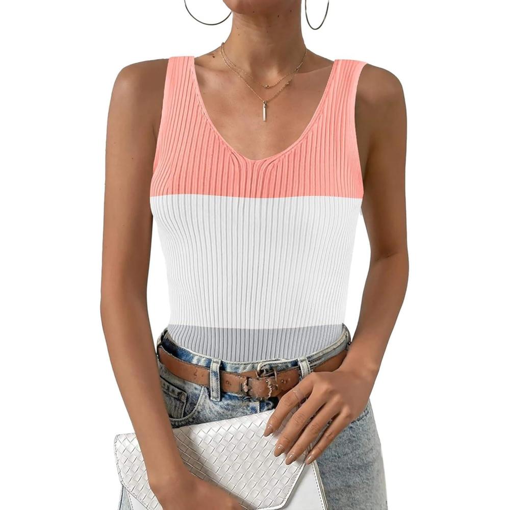 imageZeagoo Womens Ribbed Tank Tops 2026 V Neck Slim Fit Knit Sleeveless Shirts Casual Basic TeePink White Gray Stripe