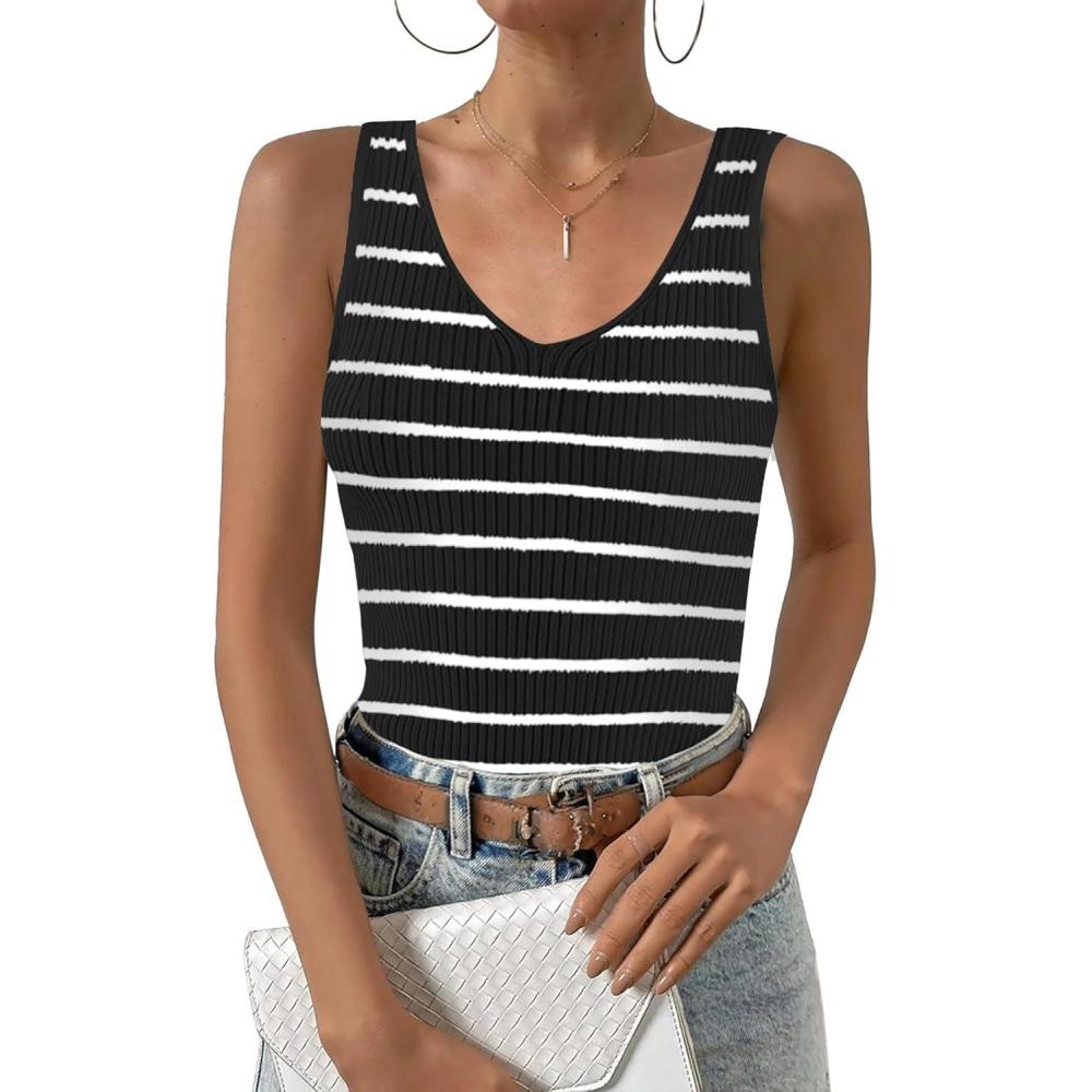 imageZeagoo Womens Ribbed Tank Tops 2026 V Neck Slim Fit Knit Sleeveless Shirts Casual Basic TeeTw102black White Stripe
