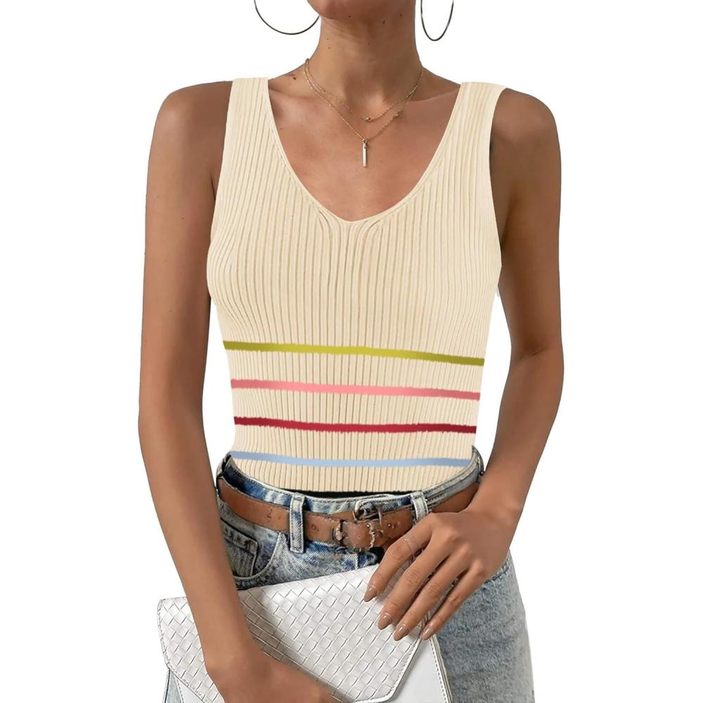 imageZeagoo Womens Ribbed Tank Tops 2026 V Neck Slim Fit Knit Sleeveless Shirts Casual Basic TeeTw231colorful Stripe