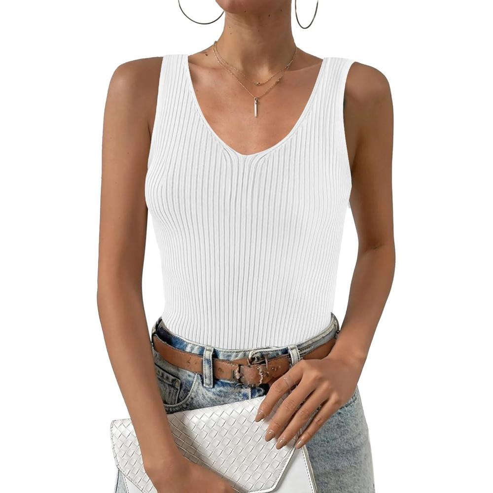 imageZeagoo Womens Ribbed Tank Tops 2026 V Neck Slim Fit Knit Sleeveless Shirts Casual Basic TeeWhite