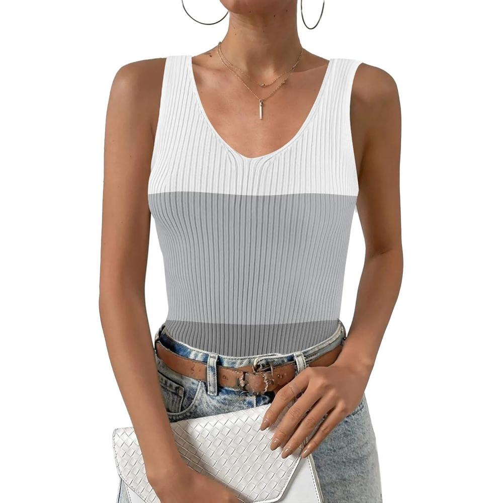 imageZeagoo Womens Ribbed Tank Tops 2026 V Neck Slim Fit Knit Sleeveless Shirts Casual Basic TeeWhite Gray Stripe