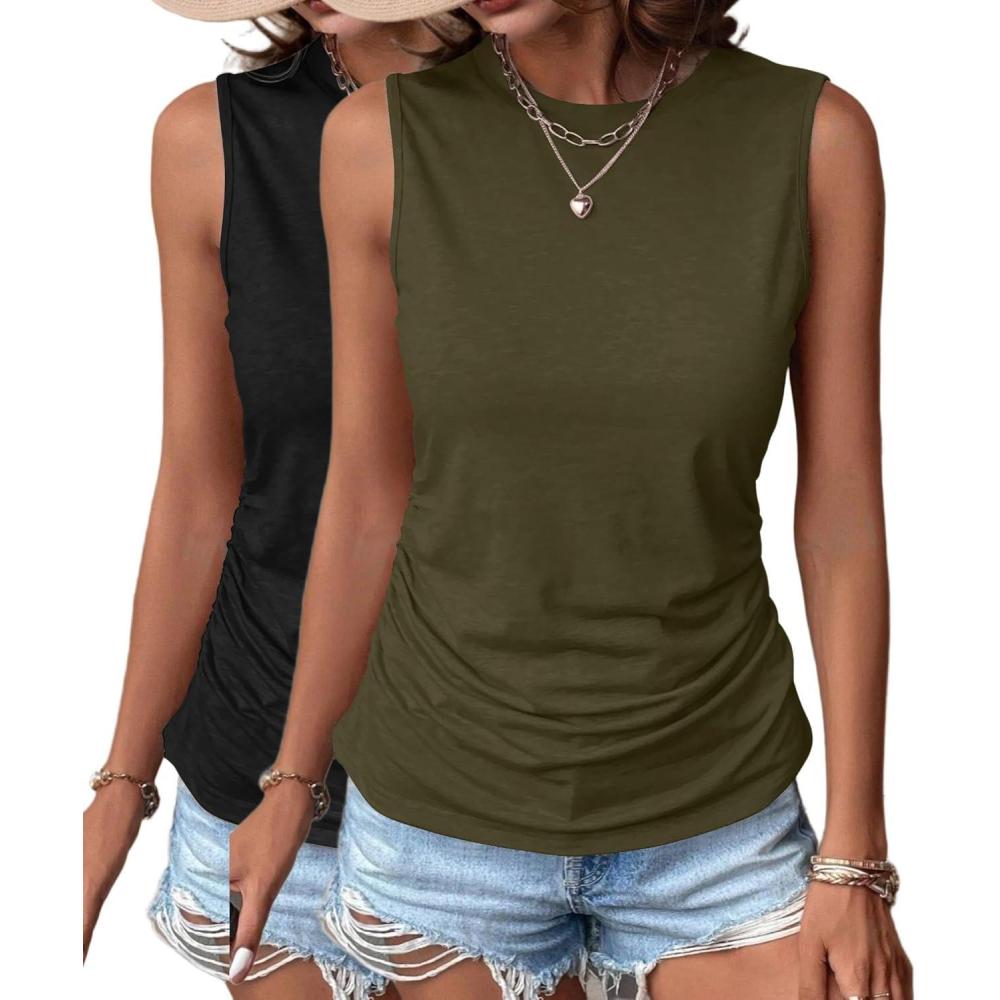 imageZeagoo Womens Ruched Tank Tops 2025 Crew Neck Cute Summer Sleeveless Blouse Shirts SXXL2 Packarmy Green and Black