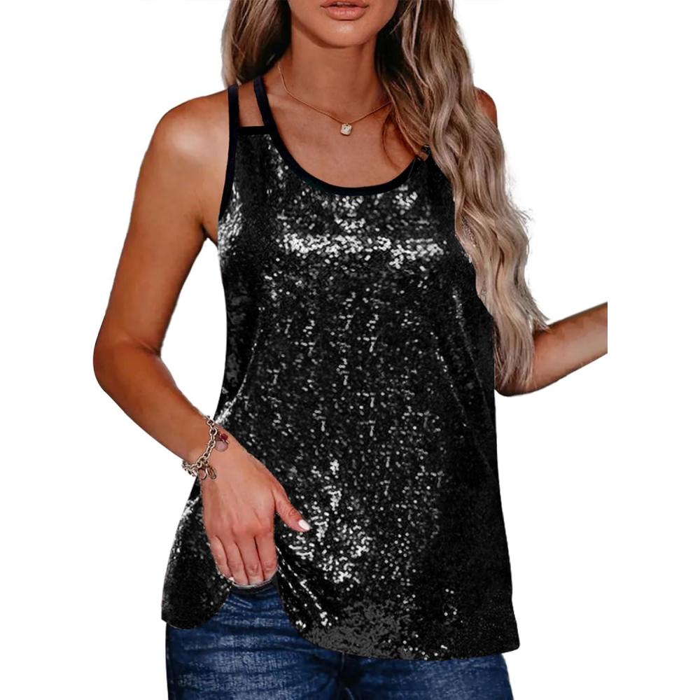 imageZeagoo Womens Sleeveless Sequin Top Sparkle Glitter Top Shimmer Camisole Vest Tank TopsBlack