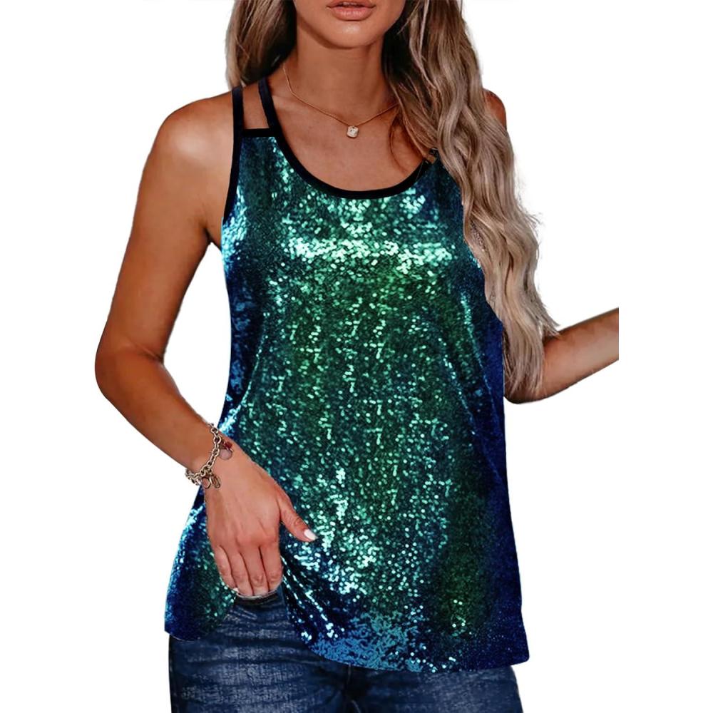 imageZeagoo Womens Sleeveless Sequin Top Sparkle Glitter Top Shimmer Camisole Vest Tank TopsDark Green Gradient