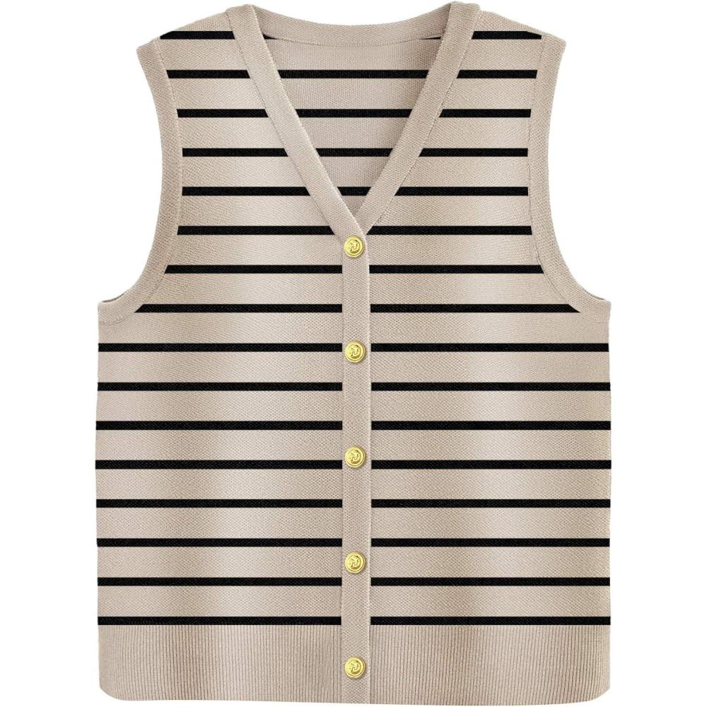 imageZeagoo Womens Sweater Vest V Neck Button Down Shirts Trendy Knit Sleeveless Cardigan Top Shirt SXXLBeige Stripe