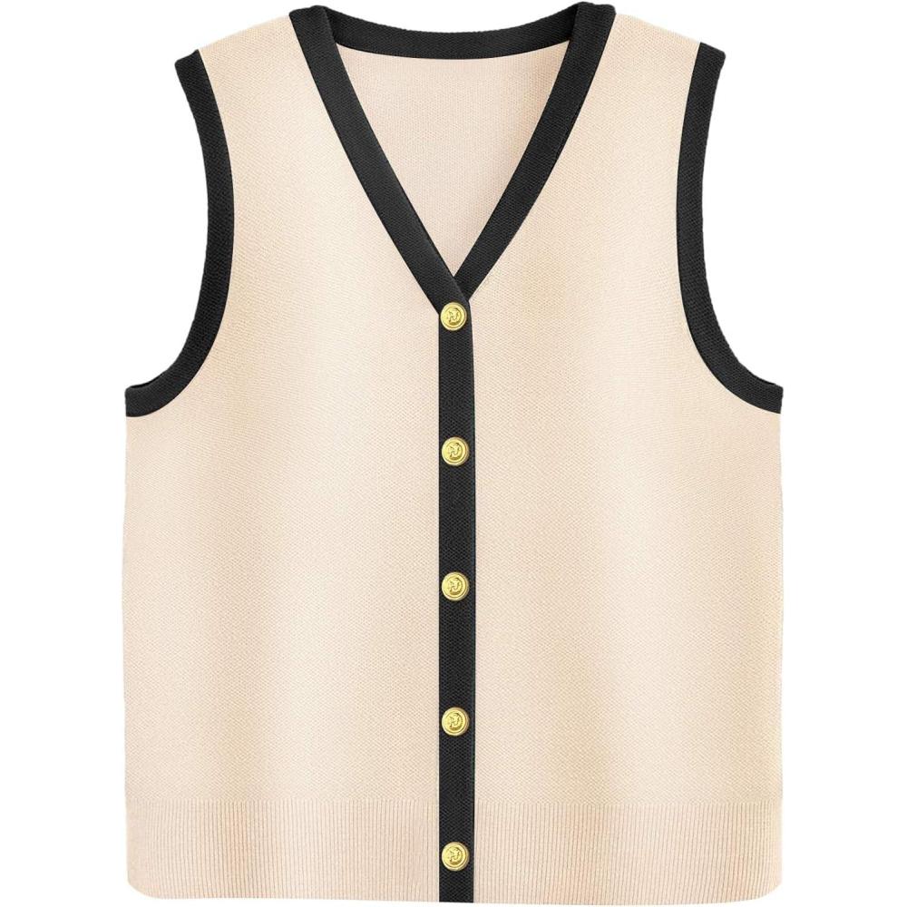 imageZeagoo Womens Sweater Vest V Neck Button Down Shirts Trendy Knit Sleeveless Cardigan Top Shirt SXXLBlack Beige Color Block