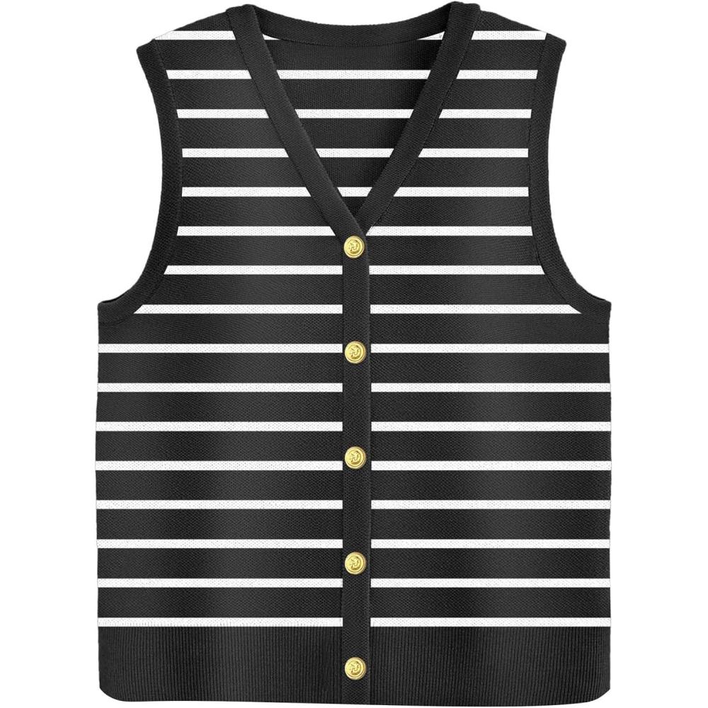 imageZeagoo Womens Sweater Vest V Neck Button Down Shirts Trendy Knit Sleeveless Cardigan Top Shirt SXXLBlack Stripe
