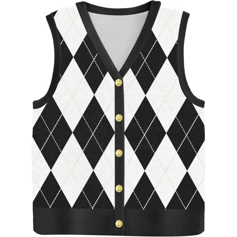 imageZeagoo Womens Sweater Vest V Neck Button Down Shirts Trendy Knit Sleeveless Cardigan Top Shirt SXXLBlack White Diamond