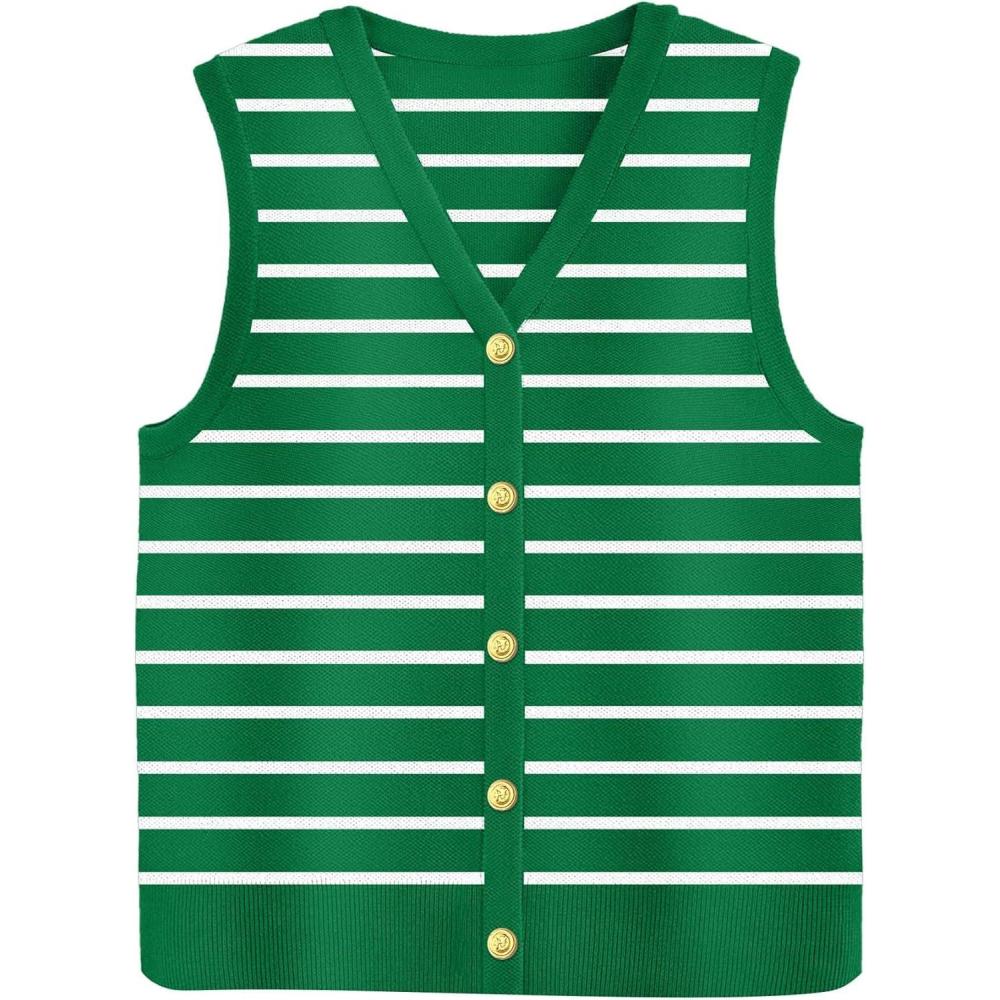 imageZeagoo Womens Sweater Vest V Neck Button Down Shirts Trendy Knit Sleeveless Cardigan Top Shirt SXXLGreen Stripe