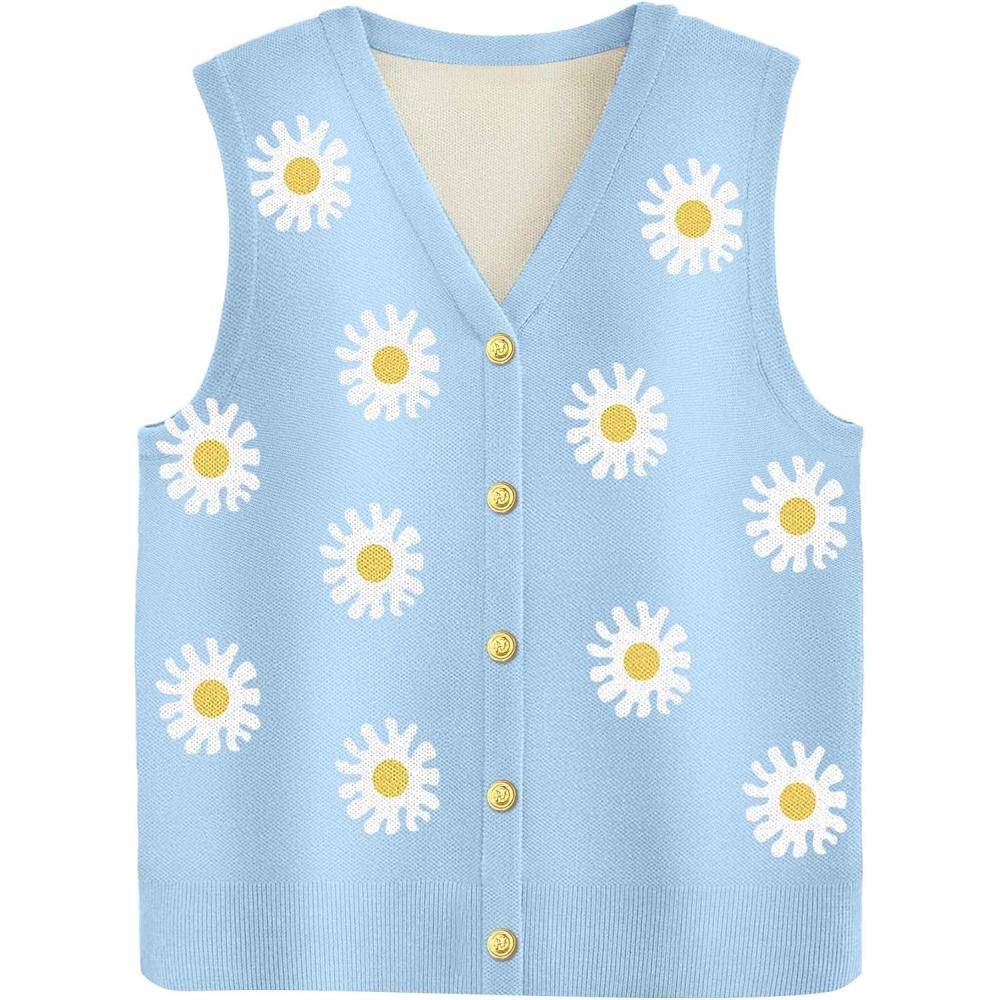 imageZeagoo Womens Sweater Vest V Neck Button Down Shirts Trendy Knit Sleeveless Cardigan Top Shirt SXXLWhite Flower