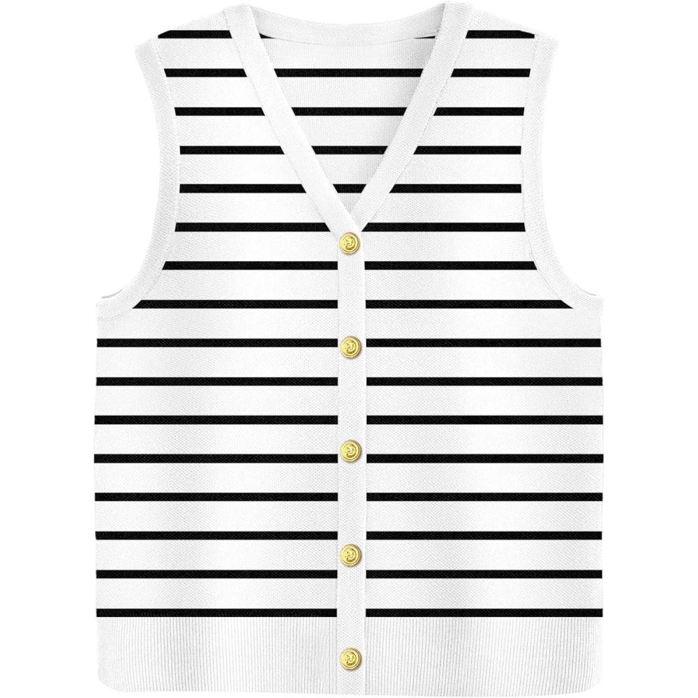 imageZeagoo Womens Sweater Vest V Neck Button Down Shirts Trendy Knit Sleeveless Cardigan Top Shirt SXXLWhite Stripe