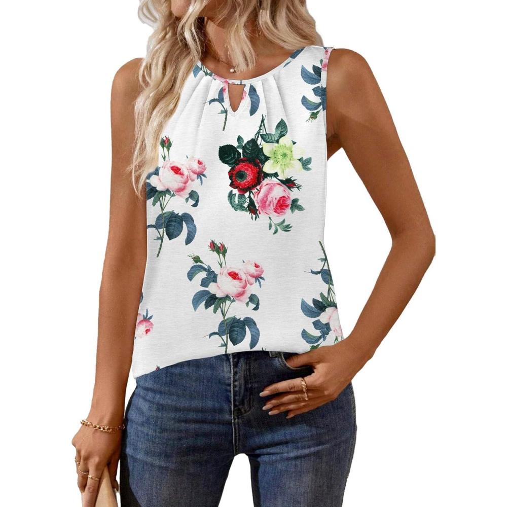 imageZeagoo Womens Tank Tops Crewneck Loose Fit Basic Business Casual Summer Sleeveless Shirts Blouse SXXLWhite Flower