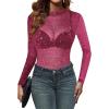 Zeagoo Mesh Top Women Long Sleeve Shirts See Through Party Layering Mock Neck 2024 Fall Sheer Undershirt(Rose Shiny Stars)