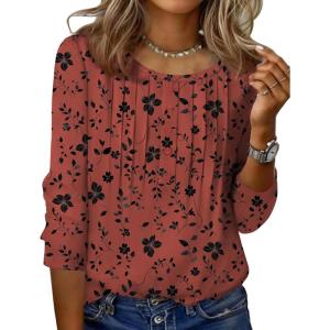 Zeagoo 3/4 Length Sleeve Womens Tops Round Neck Casual Summer Tunic Tops Basic Tees Blouses Dressy T-Shirts Pleated Shirts(Sf290)
