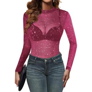 Zeagoo Mesh Top Women Long Sleeve Shirts See Through Party Layering Mock Neck 2024 Fall Sheer Undershirt(Rose Shiny Stars)