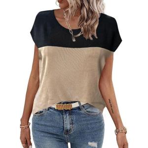 Zeagoo Sweater Vest Women Crew Neck Loose Fit Knit Lightweight T Shirts Pullover Casual Summer Outfits(Black Khaki Block)