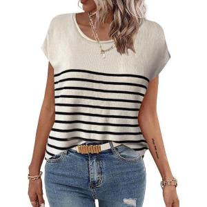 Zeagoo Sweater Vest Women Crew Neck Loose Fit Knit Lightweight T Shirts Pullover Casual Summer Outfits(Black Stripe Khaki)