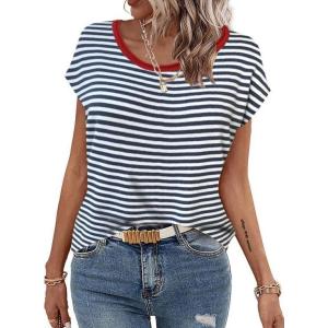 Zeagoo Sweater Vest Women Crew Neck Loose Fit Knit Lightweight T Shirts Pullover Casual Summer Outfits(Black Stripe Red)