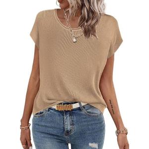 Zeagoo Sweater Vest Women Crew Neck Loose Fit Knit Lightweight T Shirts Pullover Casual Summer Outfits(Light Khaki)
