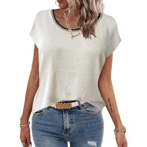Zeagoo Sweater Vest Women Crew Neck Loose Fit Knit Lightweight T Shirts Pullover Casual Summer Outfits(Line White)