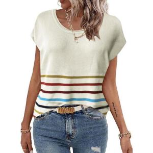 Zeagoo Sweater Vest Women Crew Neck Loose Fit Knit Lightweight T Shirts Pullover Casual Summer Outfits(Stripes Colorful Cream)