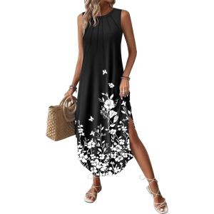 Zeagoo Women Floral Summer Casual Beach Printed Tank Dress with Pockets Pleated Front Long Dress(2602 Black Floral)