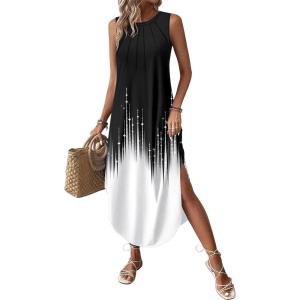 Zeagoo Women Floral Summer Casual Beach Printed Tank Dress with Pockets Pleated Front Long Dress(2602 Black&white)