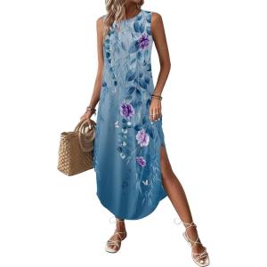 Zeagoo Women Floral Summer Casual Beach Printed Tank Dress with Pockets Pleated Front Long Dress(2602 Blue Floral)