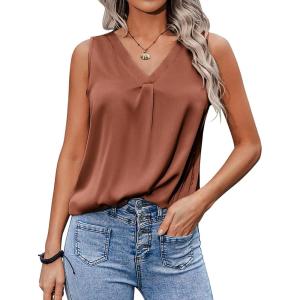 Zeagoo Womens 2025 Silk Satin Tank Tops V Neck Casual Cami Sleeveless Camisole Blouses Summer Basic Tank Shirt(A Terracotta)