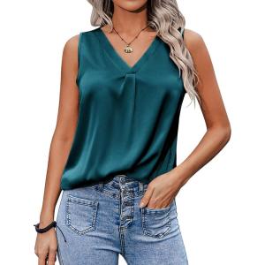 Zeagoo Womens 2025 Silk Satin Tank Tops V Neck Casual Cami Sleeveless Camisole Blouses Summer Basic Tank Shirt(Blue Green)