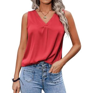 Zeagoo Womens 2025 Silk Satin Tank Tops V Neck Casual Cami Sleeveless Camisole Blouses Summer Basic Tank Shirt(Bright Red)
