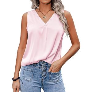 Zeagoo Womens 2025 Silk Satin Tank Tops V Neck Casual Cami Sleeveless Camisole Blouses Summer Basic Tank Shirt(Pink)