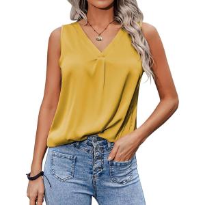 Zeagoo Womens 2025 Silk Satin Tank Tops V Neck Casual Cami Sleeveless Camisole Blouses Summer Basic Tank Shirt(Turmeric)