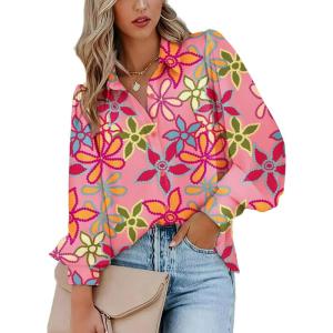 Zeagoo Womens Button Down Shirts Lantern Long Sleeve Blouse Business Casual Work Tops Floral Printed Outfits(B Pink Floral)