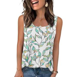Zeagoo Womens Loose Fit Tank Tops Summer Scoop Neck Tops Casual Flowy Sleeveless Tunic Shirts 2025(White Leaf)