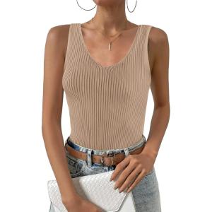Zeagoo Womens Ribbed Tank Tops 2026 V Neck Slim Fit Knit Sleeveless Shirts Casual Basic Tee(Khaki)