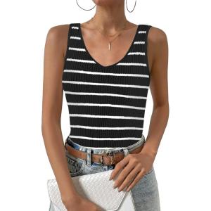 Zeagoo Womens Ribbed Tank Tops 2026 V Neck Slim Fit Knit Sleeveless Shirts Casual Basic Tee(Tw102-black White Stripe)