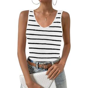 Zeagoo Womens Ribbed Tank Tops 2026 V Neck Slim Fit Knit Sleeveless Shirts Casual Basic Tee(Tw516-white Black Stripe)