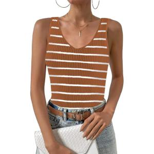 Zeagoo Womens Ribbed Tank Tops 2026 V Neck Slim Fit Knit Sleeveless Shirts Casual Basic Tee(Tw532-brown White Stripe)