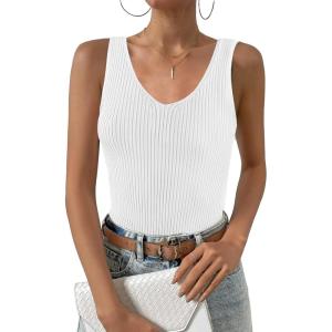Zeagoo Womens Ribbed Tank Tops 2026 V Neck Slim Fit Knit Sleeveless Shirts Casual Basic Tee(White)