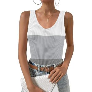 Zeagoo Womens Ribbed Tank Tops 2026 V Neck Slim Fit Knit Sleeveless Shirts Casual Basic Tee(White Gray Stripe)