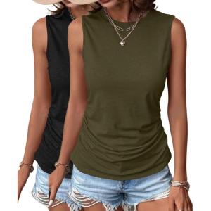 Zeagoo Womens Ruched Tank Tops 2025 Crew Neck Cute Summer Sleeveless Blouse Shirts S-XXL(2 Pack-army Green and Black)