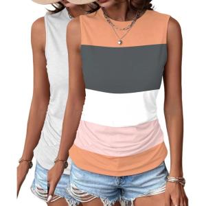 Zeagoo Womens Ruched Tank Tops 2025 Crew Neck Cute Summer Sleeveless Blouse Shirts S-XXL(2 Pack-grey White Pink and White)